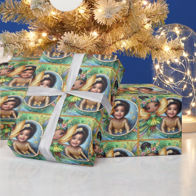 Photo Birthday Black Fairy Cute Green Yellow Gold Wrapping Paper (Holidays)
