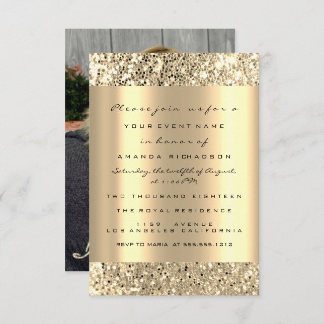Photo Birthday Champagne Gold Spark Glitter Invitation (Front/Back)
