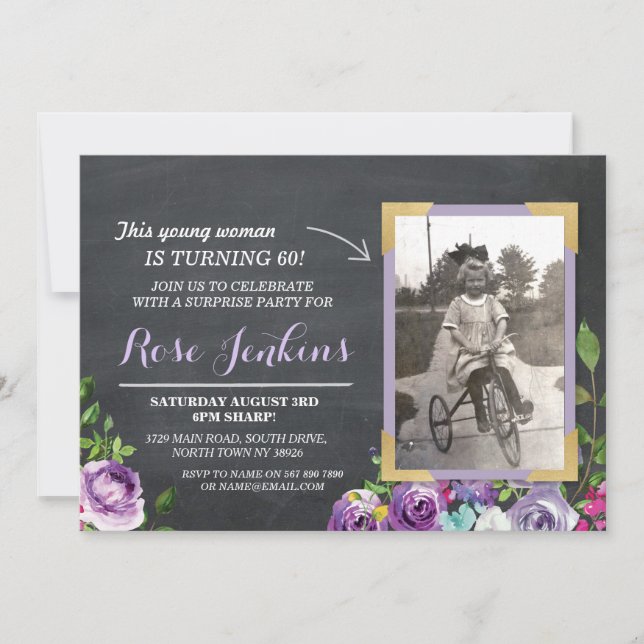Photo Birthday Floral Rustic Chalk Purple Invites (Front)