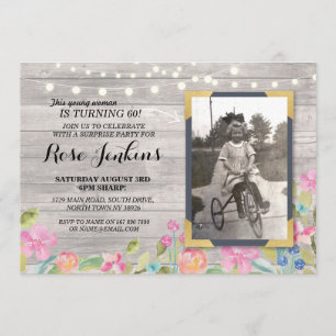 Photo Birthday Floral Rustic Wood Invitations