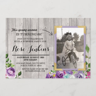 Photo Birthday Floral Rustic Wood Purple Invites