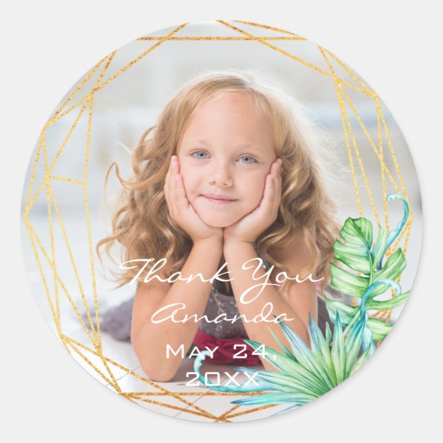 Photo Birthday Frame Tropical Gold Bridal Thank Classic Round Sticker (Front)