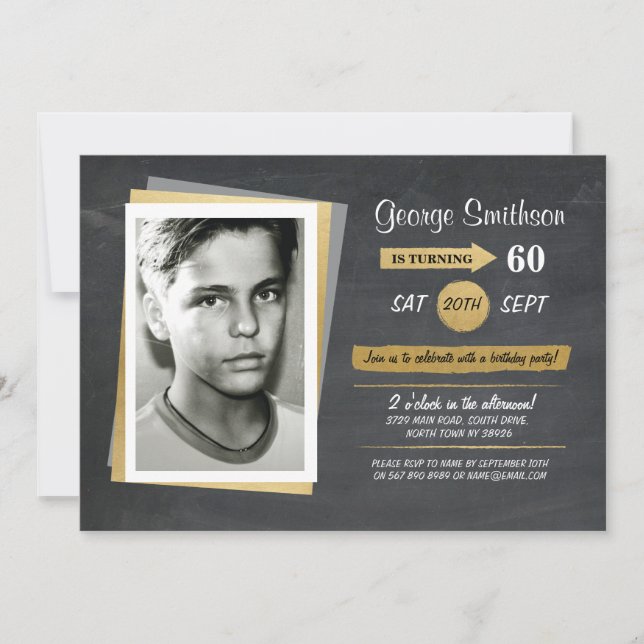 Photo Birthday Gold Chalkboard Invitations (Front)