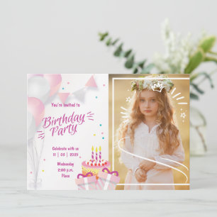 Photo Birthday Invitation with Balloons & Cake