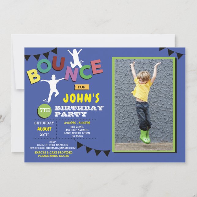 Photo Birthday Jump Bounce Party Trampoline Blue Invitation (Front)