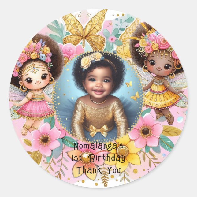 Photo Birthday Little Black Fairy African Pink Classic Round Sticker (Front)