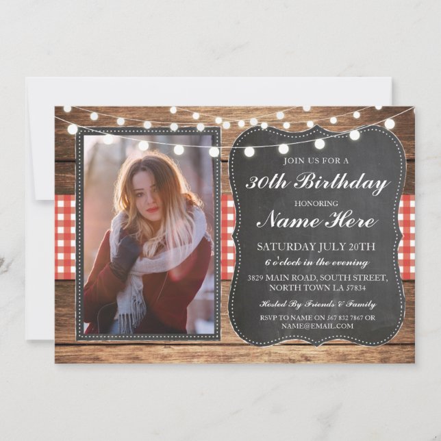Photo Birthday Party 30th Rustic Wood Red Chalk Invitation (Front)