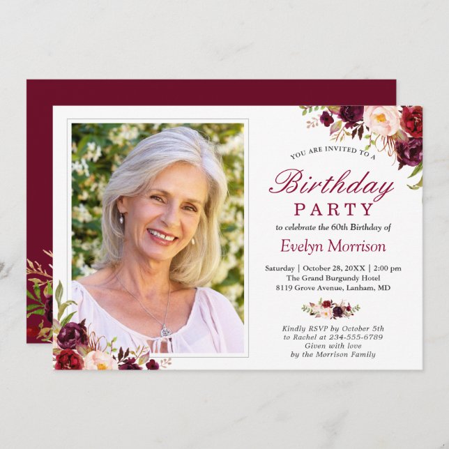 Photo Birthday Party Burgundy Red Blush Floral Invitation (Front/Back)