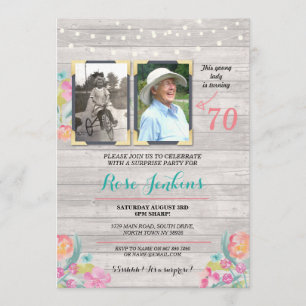 Photo Birthday Party Floral Rustic Wood 2 Pictures Invitation