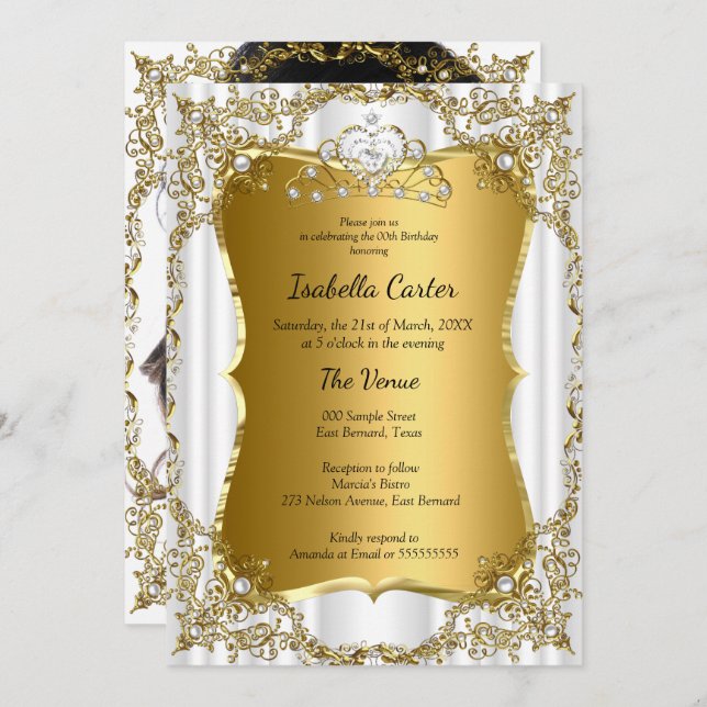 Photo Birthday Party Gold White Tiara Invitation (Front/Back)