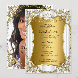 Photo Birthday Party Gold White Tiara Invitation