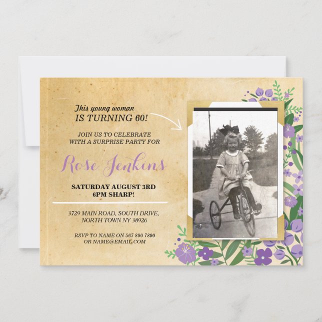 Photo Birthday Party Purple Floral Vintage Invite (Front)