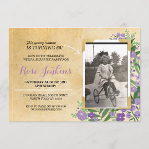 Photo Birthday Party Purple Floral Vintage Invite