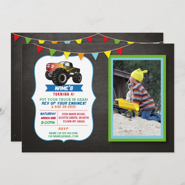 Photo Birthday Party Truck Car Monster Smash Invitation (Front/Back)
