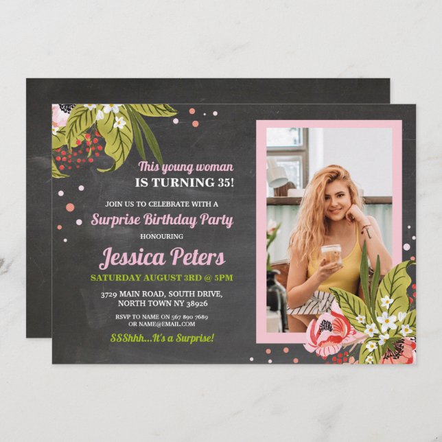 Photo Birthday Pink Floral Chalk Women Flowers Invitation (Front/Back)