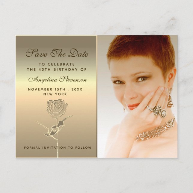 Photo Birthday Rose Flower Gold Announcement Postcard (Front)