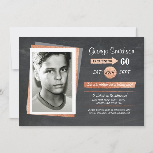 Photo Birthday Rose Gold Chalk Invitations (Front)