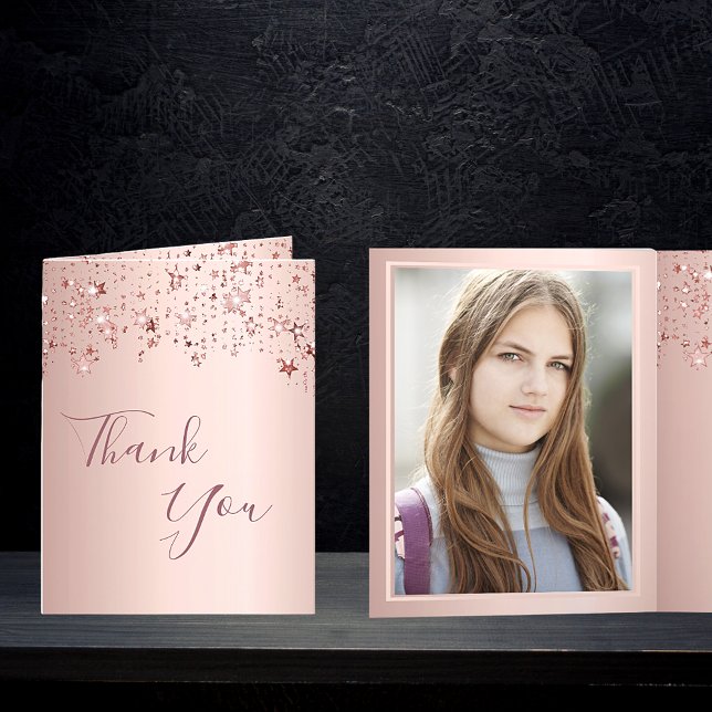 Photo birthday rose gold stars thank you card (Creator Uploaded)