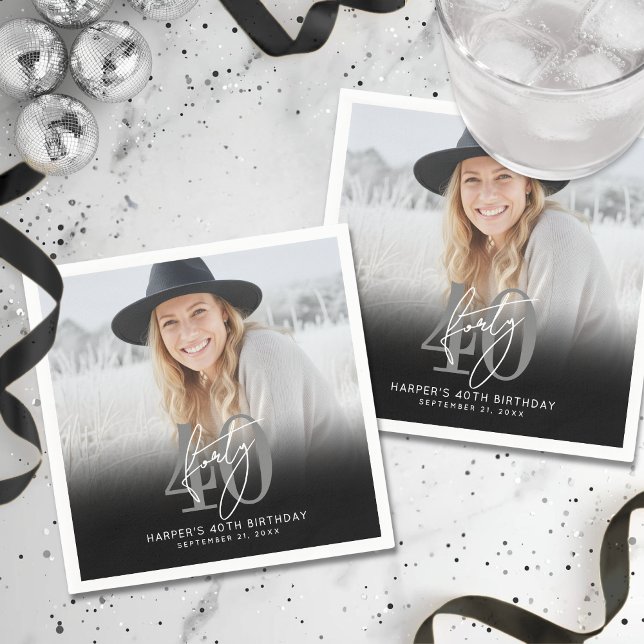 Photo Black 40th Birthday Party Napkin (Photo Black 40th Birthday Party Napkins)