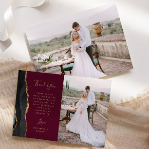 Photo Black Agate Gold Script Burgundy Wedding Thank You Card