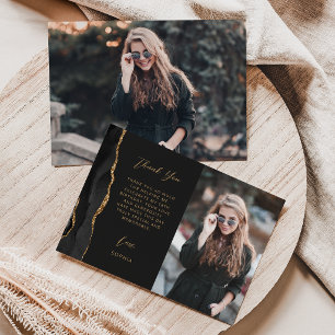 Photo Black Agate Gold Script Dark 18th Birthday Thank You Card