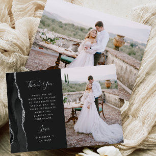 Photo Black Agate Silver Script Wedding Thank You Card