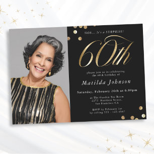 Photo Black and Gold 60th Birthday Surprise Party Invitation