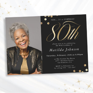 Photo Black and Gold 80th Birthday Surprise Party Invitation