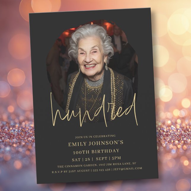 Photo Black and Gold Script 100th Birthday Invitation (Photo Black and Gold Script 100th Birthday Invitation)