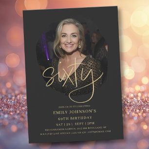 Photo Black and Gold Script 60th Birthday Invitation