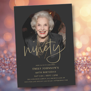 Photo Black and Gold Script 90th Birthday Invitation