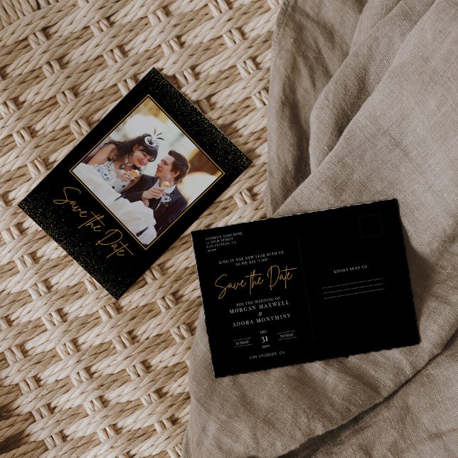 Photo Black and Gold Wedding Save the Date Postcard (Creator Uploaded)