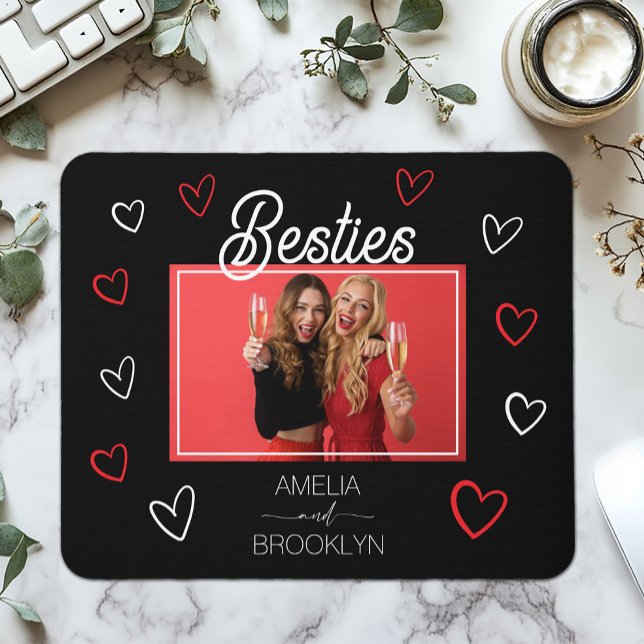 Photo Black and Red Hearts Besties Mouse Pad (Photo Black and Red Hearts Besties Mouse Pad)