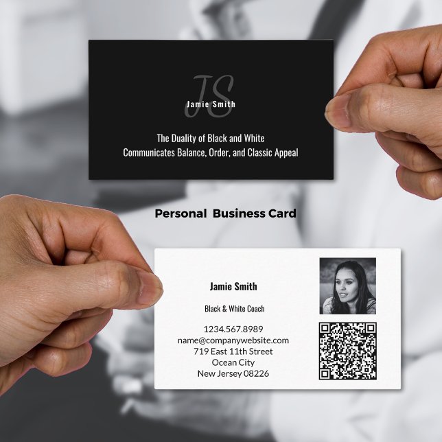 Photo Black and White Personal Business Card (Photo Black and White Personal Business Card with Photo, Initials, QR code, Tagline)