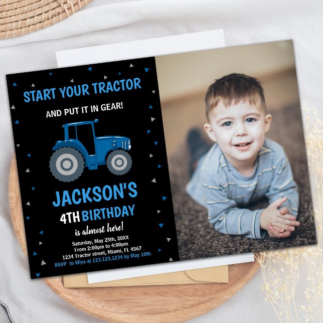 Photo Black Blue Tractor Birthday Invitations (Photo Black Blue Tractor Birthday Invitations)