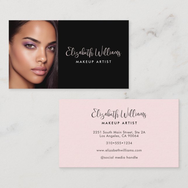 Photo Black Blush Pink Photo Script Makeup Artist Business Card (Front/Back)
