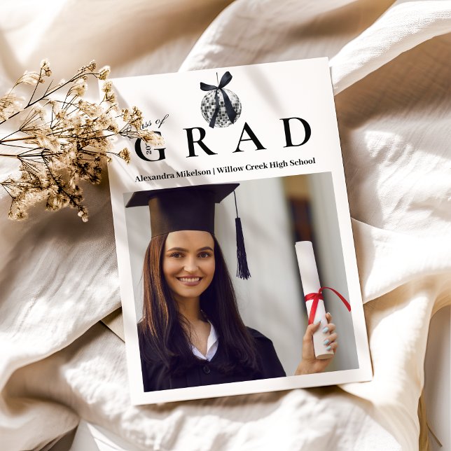 Photo Black Bow  Disco Ball Graduation Party  Announcement (Creator Uploaded)