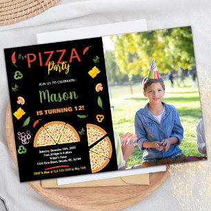 Photo Black Chilli Pizza Birthday Invitations