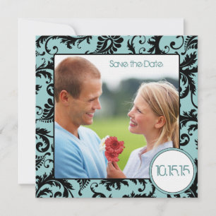 Photo Black Damask on Aqua Wedding Save the Date Invitation