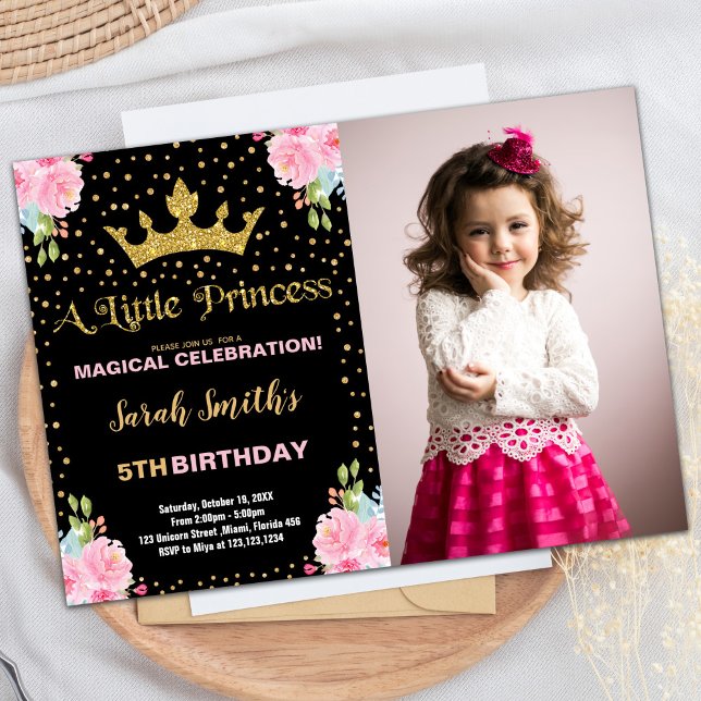Photo Black Glitter Crown Princess Birthday Invitation (Photo Black Glitter Crown Princess Birthday Invitation)