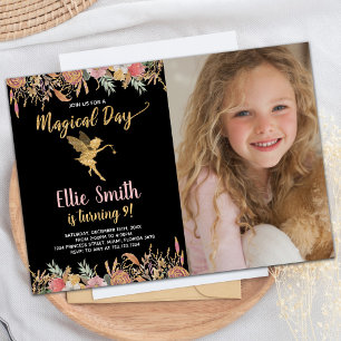 Photo Black Glitter Floral Fairy Birthday Invitation
