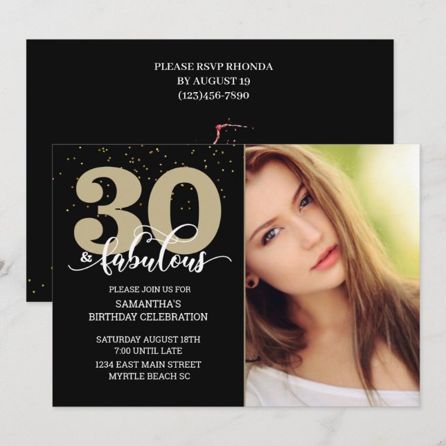 Photo Black Gold 30 and Fabulous Birthday Party    Invitation (Front/Back)