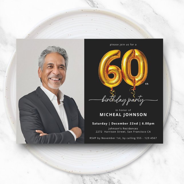 Photo Black Gold 60th Birthday Invitation (Photo Black Gold 60th Birthday Invitation)