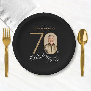 Photo Black Gold 70th Birthday  Paper Plate