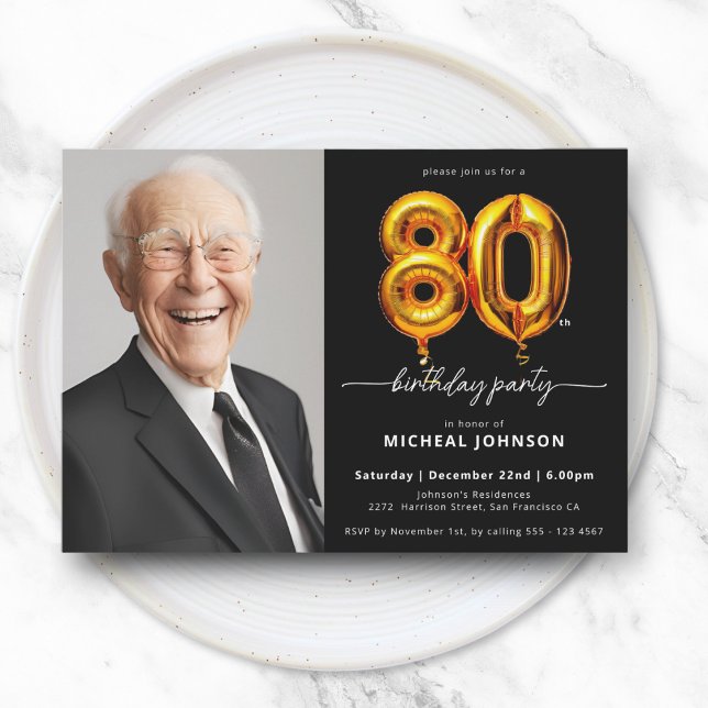 Photo Black Gold 80th Birthday Invitation (Photo Black Gold 80th Birthday Invitation)