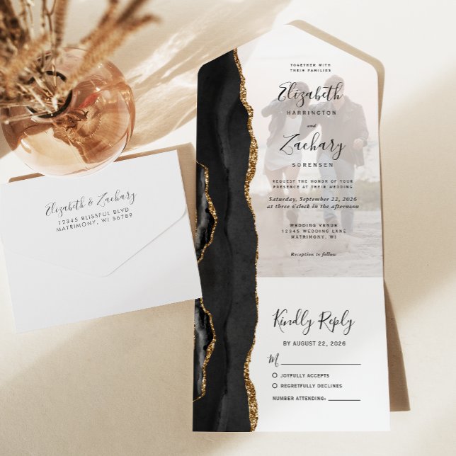 Photo Black Gold Agate Wedding All In One Invitation (Creator Uploaded)