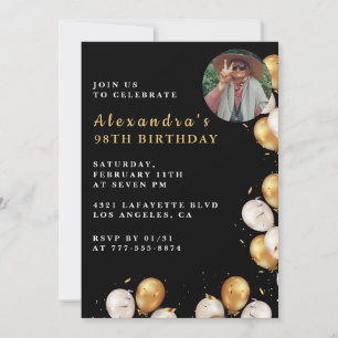 Photo Black Gold Balloon 98th birthday Invitation