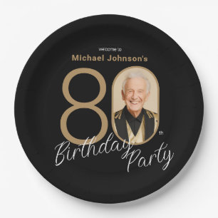 Photo Black Gold Elegant Custom 80th Birthday Paper Plate