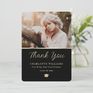 Photo Black Gold Elegant Modern Graduation Thank You Card
