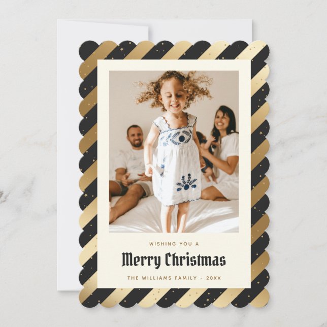 Photo Black Gold Elegant Modern Merry Christmas Holiday Card (Front)